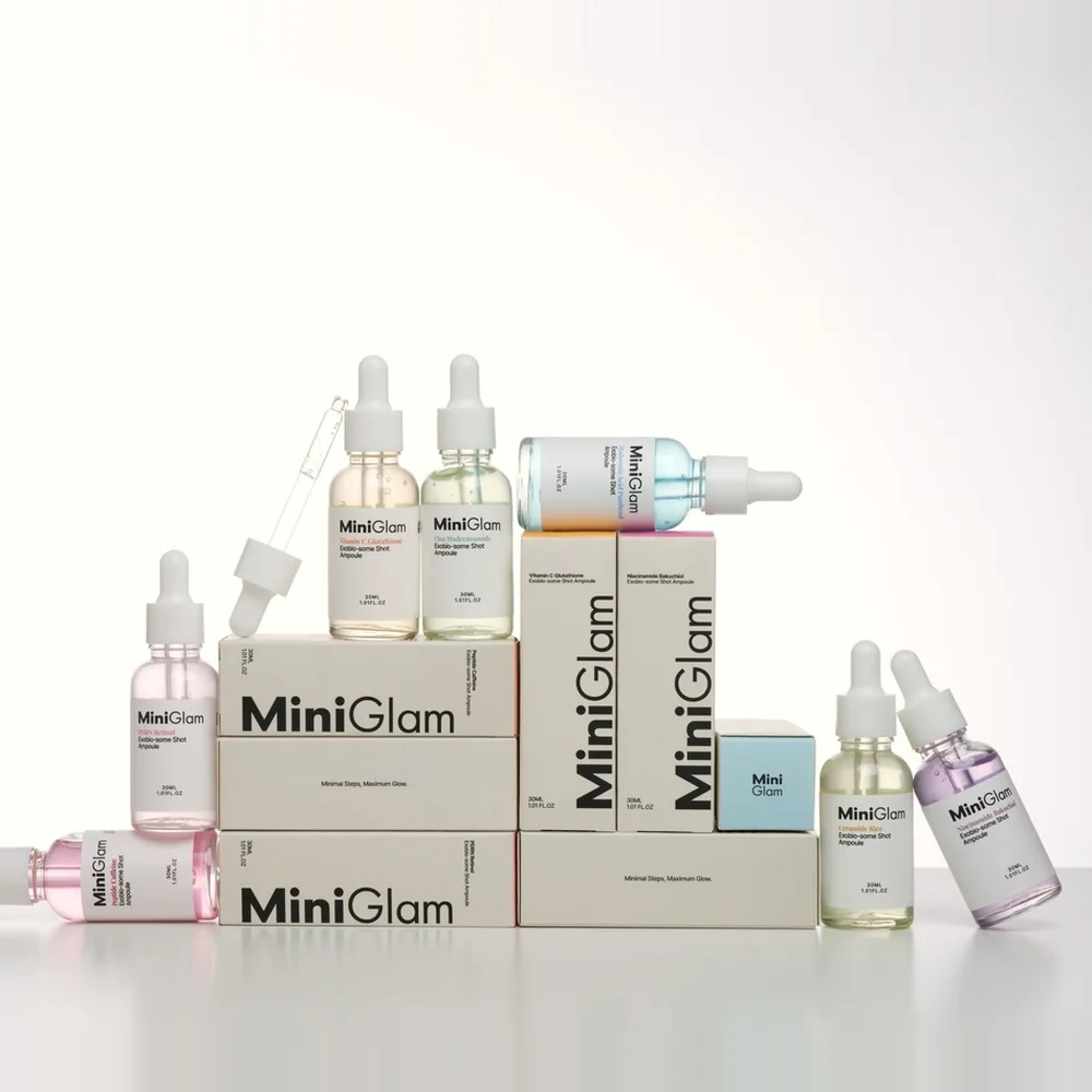 MiniGlam Exobio-some Shot Ampoule range, seven bottles with their cartons